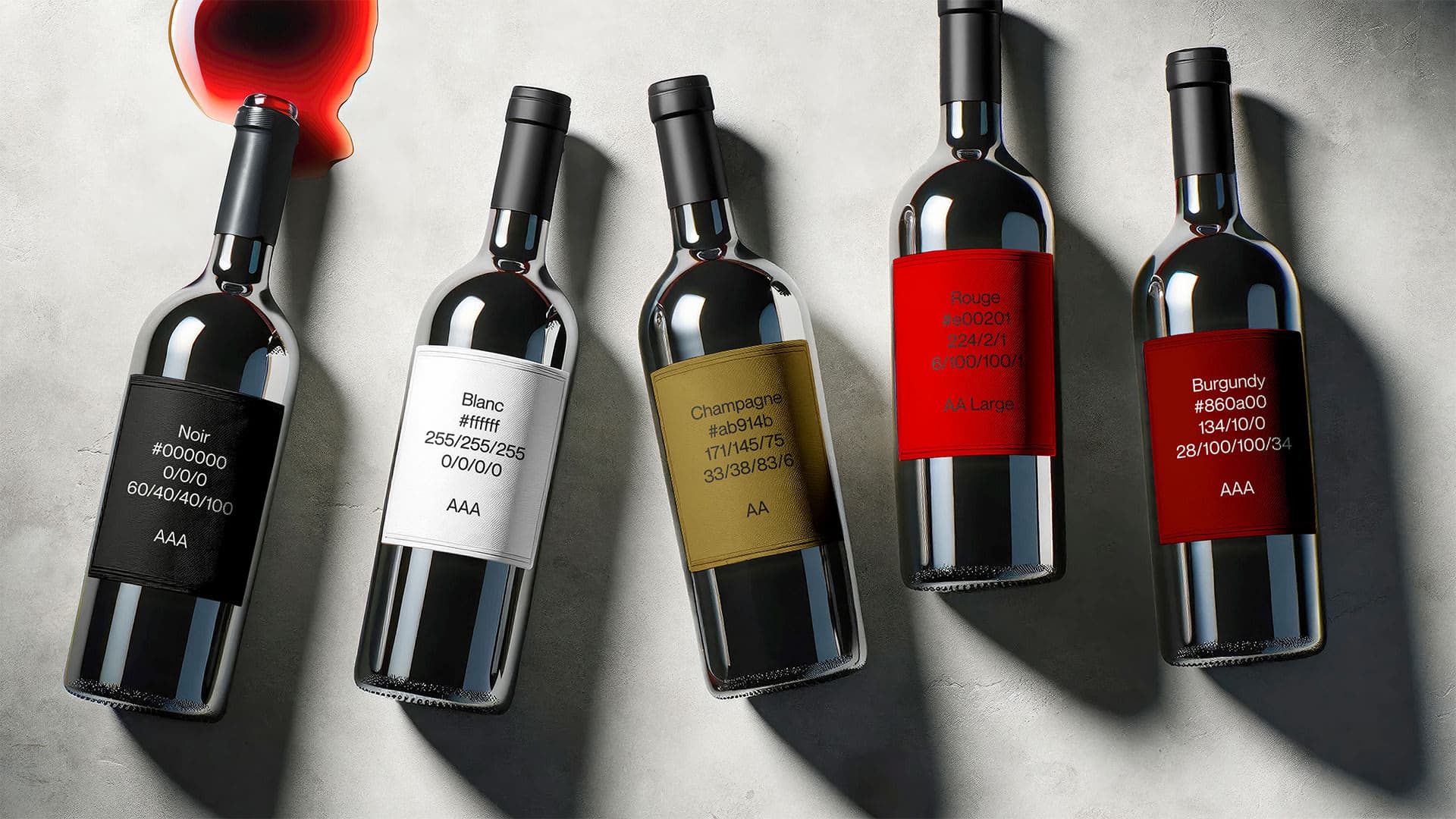 A series of wine bottles with the labels displaying a colour of the Frenchy brand colour palette.