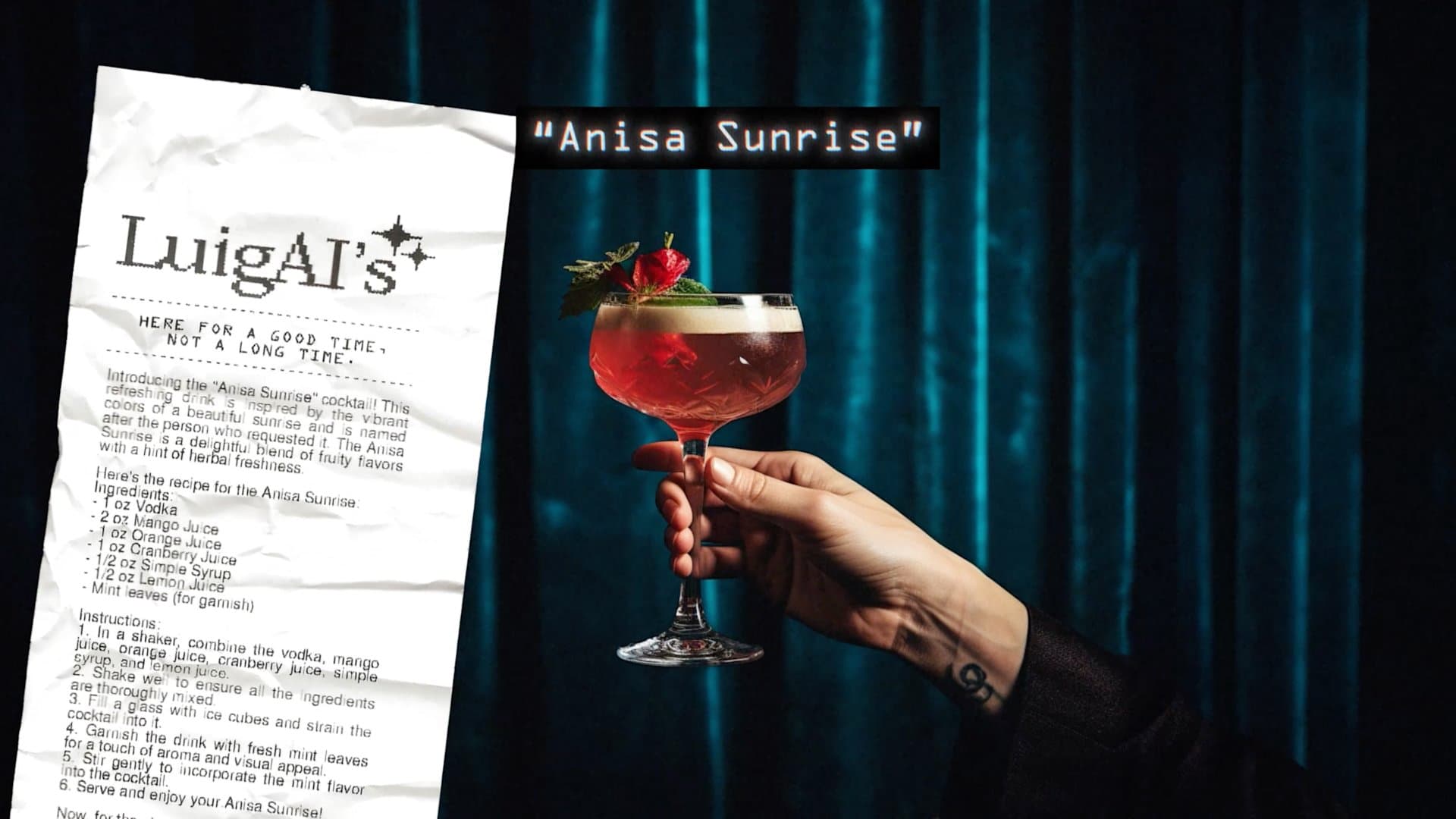 LuigAI recipe printed on a piece of receipt paper with a hand holding a pink cocktail labelled "Anisa Sunrise"