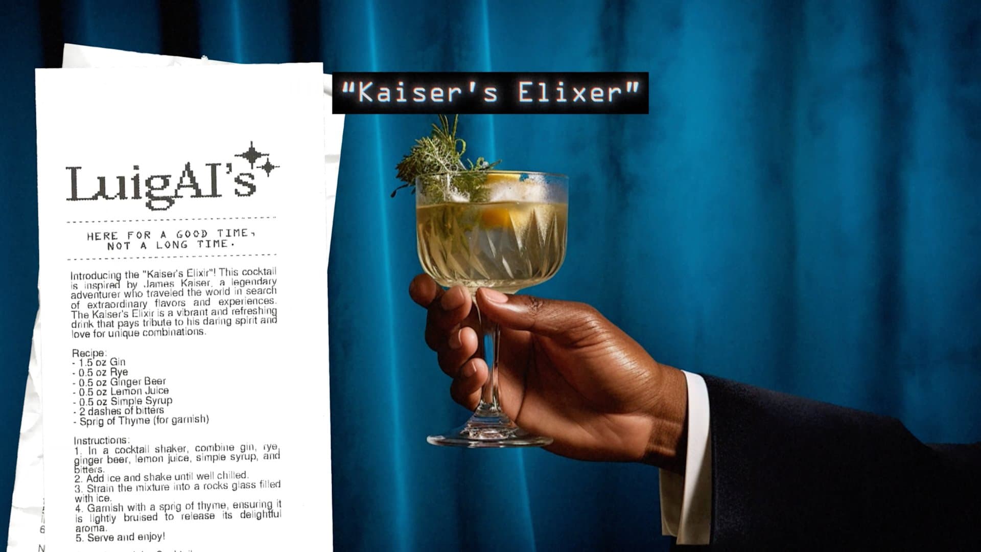 LuigAI recipe printed on a piece of receipt paper, with a hand holding a cocktail labelled "Kaiser's Elixer"